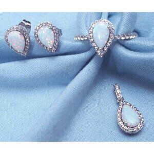 Elegant Sterling Silver 925 Opal & Cubic Zirconia Ring, Earrings & Pendant Set
